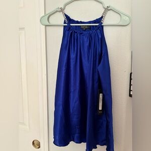 NWT Nicole Miller Tank Top Royal Blue Satin silver chain sleeve Blouse Small